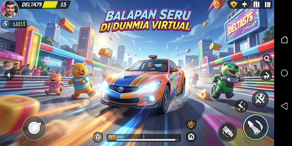 Tampilan gameplay seru dari DELTA575 saat balapan di trek tercepat.