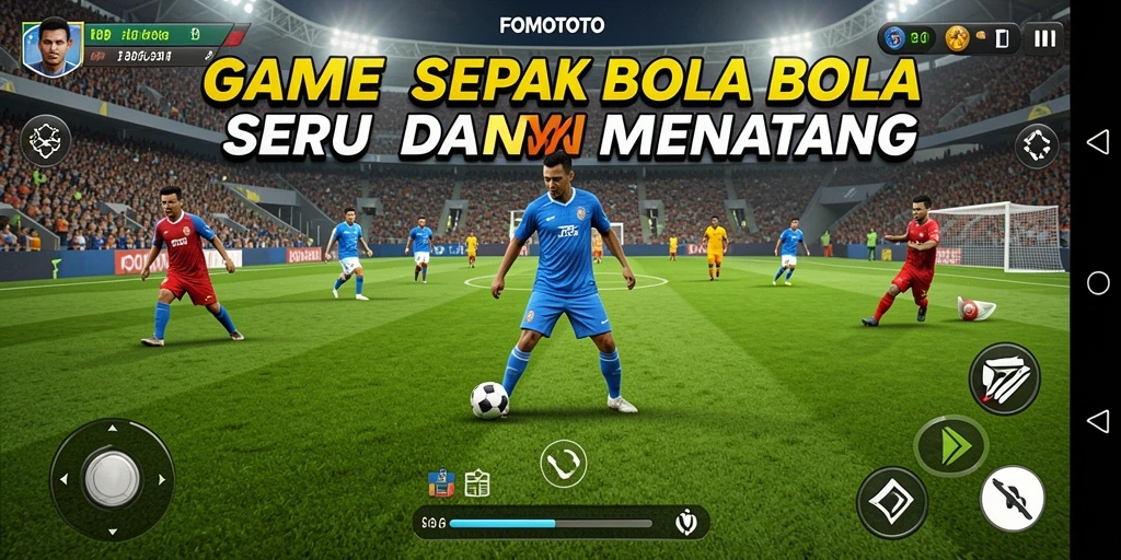 Screenshot FOMOTOTO menampilkan aksi seru di lapangan sepak bola.